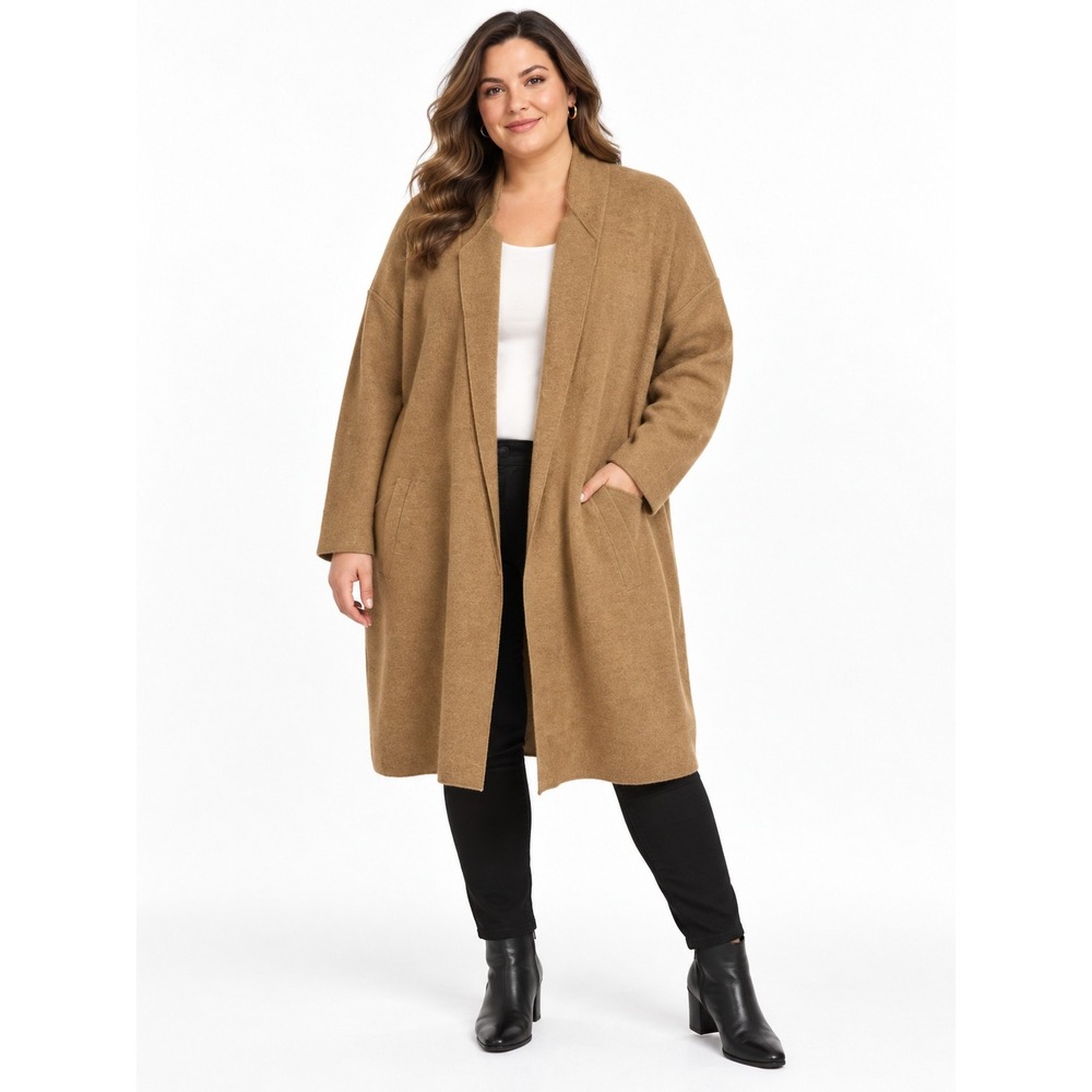 Lord & Taylor Cardigan 1X Tan Extra Fine Merino Wool Open Front Longline Sweater